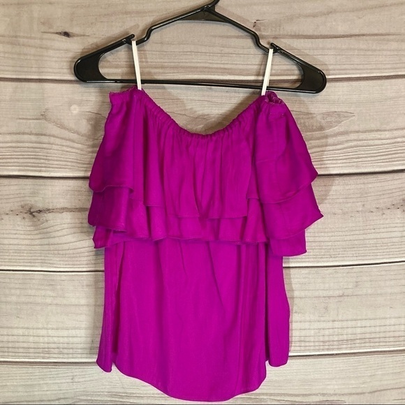 Lilly Pulitzer Haylee of the Shoulder Satin Ruffle Top in Wine Spritzer - Picture 2 of 9